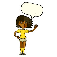 cartoon woman waving with speech bubble N200