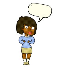 cartoon woman making Who Me? gesture with speech bubble N26