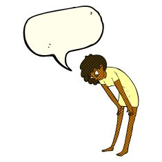 cartoon woman looking at her feet with speech bubble N6