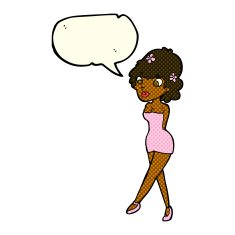 cartoon woman posing in dress with speech bubble N22