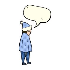cartoon person in winter clothes with speech bubble N6