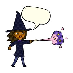 cartoon witch girl casting spell with speech bubble N11
