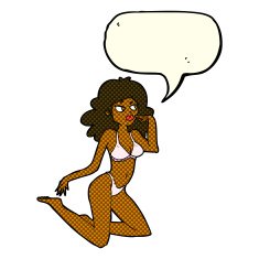 cartoon woman in underwear looking thoughtful with speech bubble N6