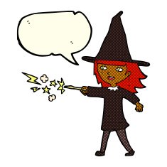 cartoon witch girl casting spell with speech bubble N12