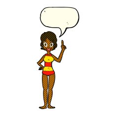 cartoon woman in striped swimsuit with speech bubble N6