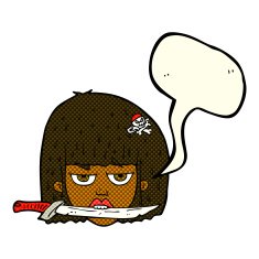 cartoon woman holding knife between teeth with speech bubble N6