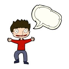 cartoon grinning boy with speech bubble N6