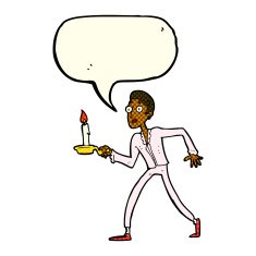 cartoon frightened man walking with candlestick speech bubb N5
