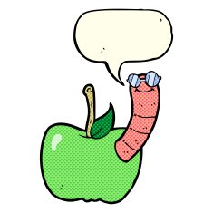 cartoon apple with worm speech bubble N27