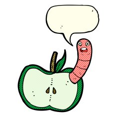 cartoon apple with worm speech bubble N29