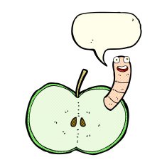 cartoon apple with worm speech bubble N30