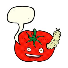 cartoon tomato with bug speech bubble N3