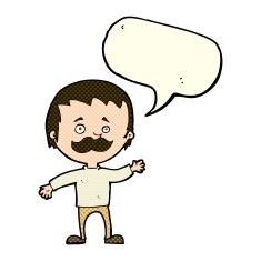 cartoon man with mustache waving speech bubble N18