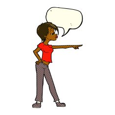 cartoon hip woman pointing with speech bubble N6