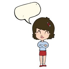 cartoon happy woman with folded arms speech bubble N13