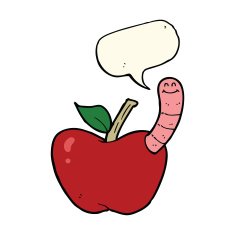 cartoon apple with worm speech bubble N31