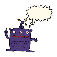 cartoon weird little alien with speech bubble N13