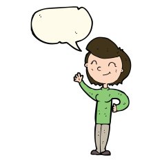 cartoon friendly waving woman with speech bubble N7