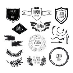 Set of sketched retro badges laurels frames and labels