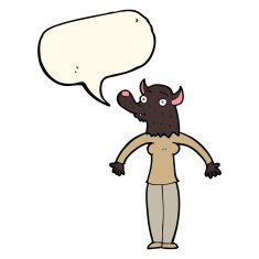 cartoon friendly werewolf woman with speech bubble N4