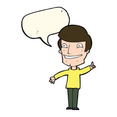 cartoon grinning man with idea speech bubble N7