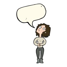 cartoon woman looking upwards with speech bubble N7