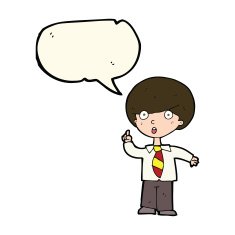 cartoon school boy answering question with speech bubble N30