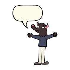 cartoon friendly werewolf with speech bubble N7