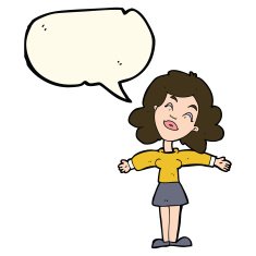 cartoon woman with open arms speech bubble N64