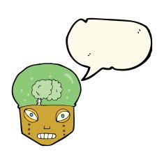 cartoon spooky robot head with speech bubble N7