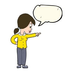 cartoon enthusiastic woman pointing with speech bubble N7