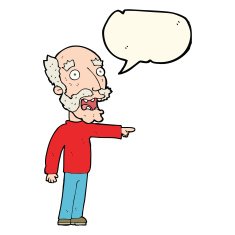cartoon scared old man pointing with speech bubble N7