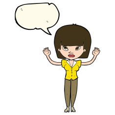 cartoon woman with raised hands speech bubble N7