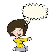 cartoon shocked woman on knees with speech bubble N7