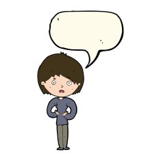 cartoon woman making Who Me? gesture with speech bubble N29