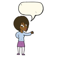 cartoon woman making welcome gesture with speech bubble N8