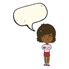 cartoon happy woman with folded arms speech bubble N14
