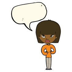 cartoon woman gesturing at herself with speech bubble N8