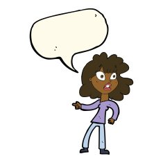 cartoon worried woman pointing with speech bubble N7