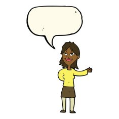 cartoon woman gesturing to show something with speech bubble N14