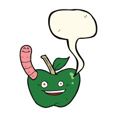cartoon apple with worm speech bubble N32