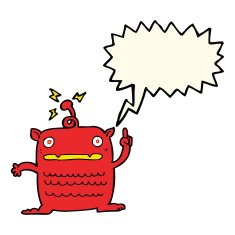 cartoon weird little alien with speech bubble N15