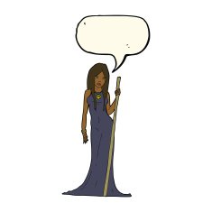 cartoon sorceress with speech bubble N7