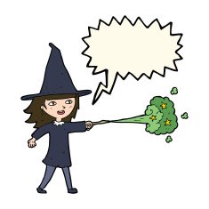 cartoon witch girl casting spell with speech bubble N13