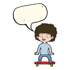 cartoon boy on skateboard with speech bubble N7