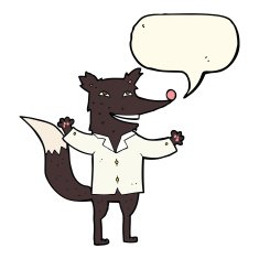 cartoon happy wolf wearing shirt with speech bubble N4