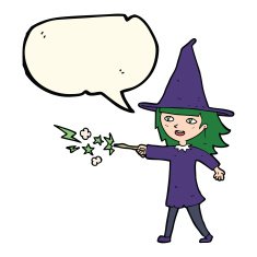cartoon witch girl casting spell with speech bubble N14