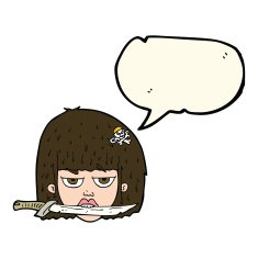 cartoon woman holding knife between teeth with speech bubble N7