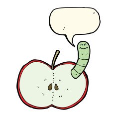 cartoon apple with worm speech bubble N36