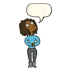 cartoon woman looking upwards with speech bubble N8